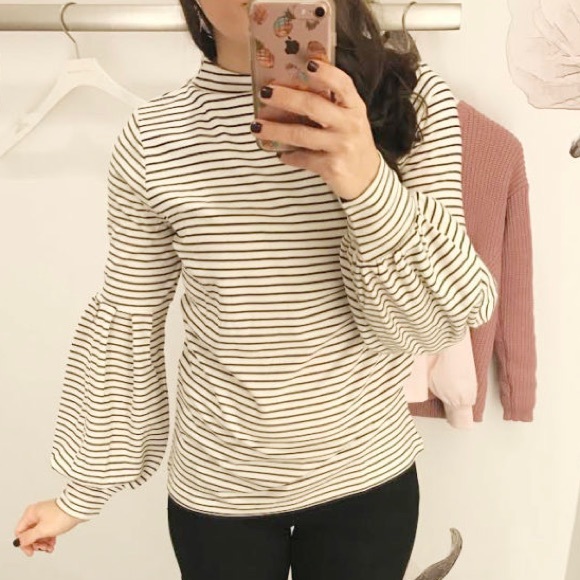 Ann Taylor Striped Mock Neck Lantern Sleeve Top Size S - Picture 2 of 12